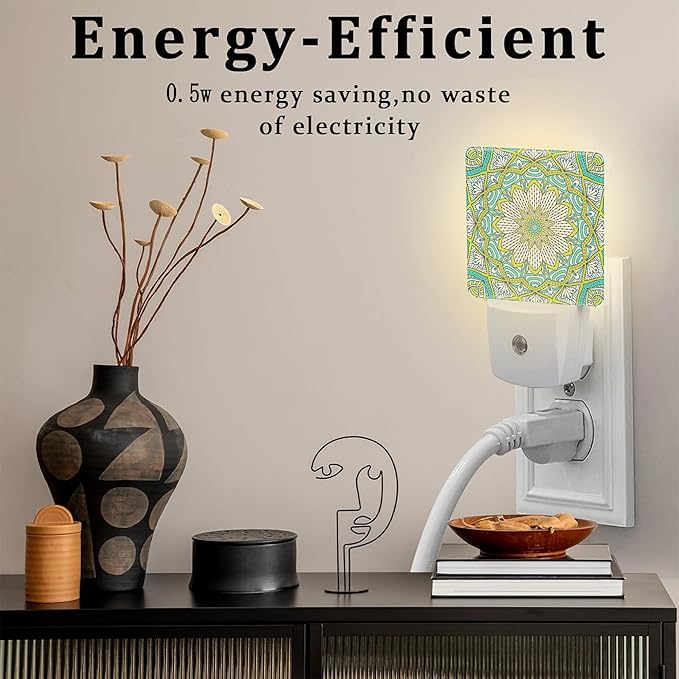 Vintage Mandala Flower Night Light Plug into Wall, Green Mandala Floral Dusk to Dawn Night Light,0.5w Energy Saving Sleep Friendly Nightlights for Kids Boys Girls Home Decor