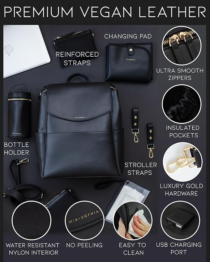 MIA + SOPHIA Leather Diaper Bag Backpack with USB Charging port, Changing Pad, Stroller Straps, and Bottle Holder (Black Olivia)