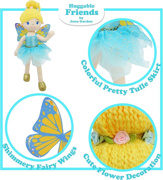 June Garden 16" Enchanted Garden Fairy Doll Fayetta - Plush Stuffed Soft Doll Girl Gift - Blue Outfit and Wings