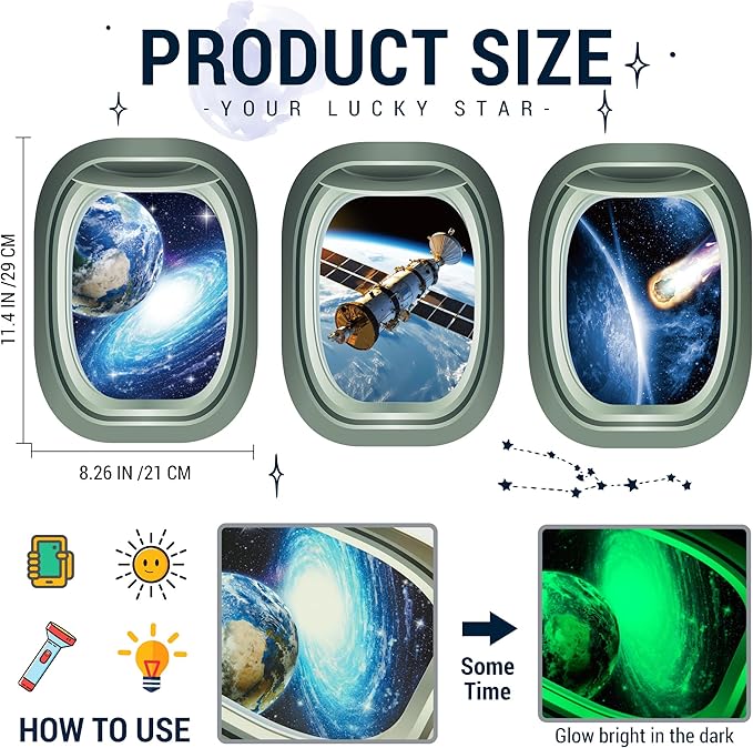 Glow in The Dark 3D Space Wall Decals, Set of 3 Galaxy Window Stickers for Wall, Space Themed Room Decor for Kids Boys (Green)