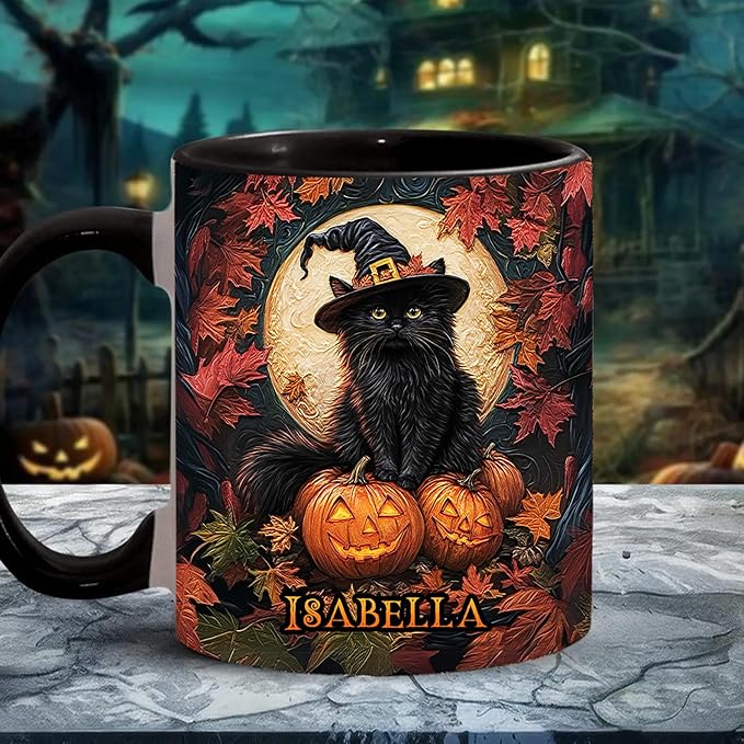 Personalized Halloween Black Cat Mug - Custom Decor Gift for Women - Spooky Season Accent Mug with Names