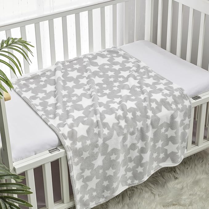 CREVENT 30"X40" Cozy Soft Warm Fleece Baby Blanket for Girls Boys, Newborn Essentials for Infant, Baby Shower Receiving Gift - Star Grey 75X100cm
