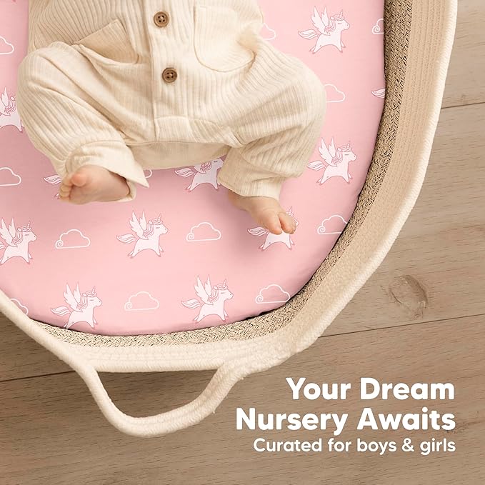 2-Pack Baby Bassinet Sheets Girl, Boy - 33x17 Viscose Derived from Bamboo Bedside Mattress Fitted Bassinet Sheets, Compatible with Halo Bassinest Swivel Sleeper, Baby Delight, Graco (Beach Day)