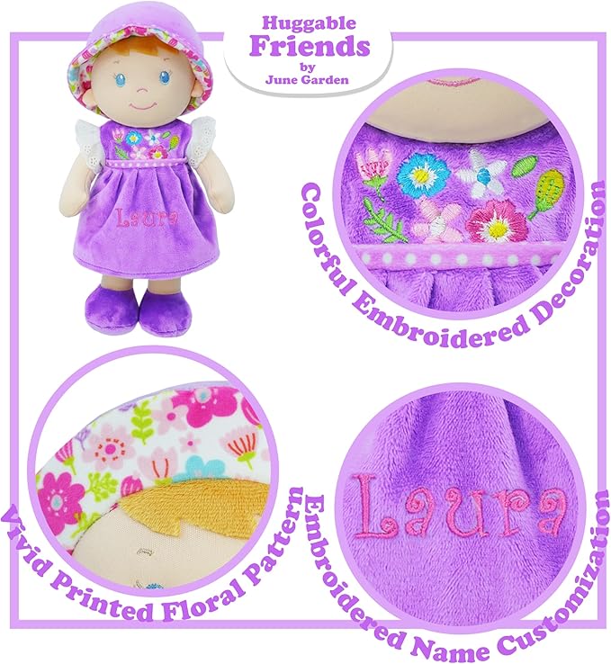 June Garden Personalized Soft Dolly Laura - Stuffed Soft Baby Doll for Birth and Up with Custom Name - Purple Dress - 13"