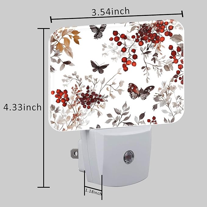 Vintage Wildflower Plants Night Light Plug into Wall, Butterfly Night Light with Dusk to Dawn Sensor for Kid Girls Boys Women Men Room, Hallway, Kitchen, Bathroom, Stairs Decor