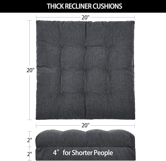 HAVARGO Recliner Cushions for Elderly, 20x20x4 Inch Thick Chair Cushion for Shorter Users Patent Design Soft Tufted Dual Layer Booster Seat Cushions for Seniors Recliner Risers Gray 1P