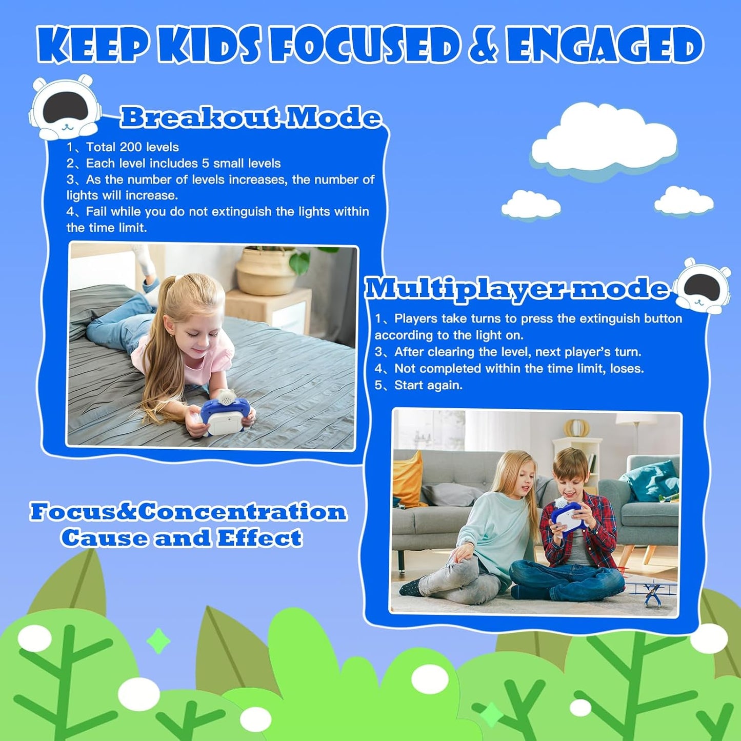 Pop Fidget Kids Games Toys, Fast Push Game,Handheld Game for Kids 3+, Quick Push Game, Bubble Stress Pop Light Up Game, Autism Sensory Toys Mini Games, Birthday Gifts for Kinds -Blue