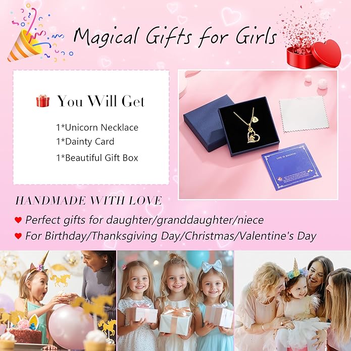 C-leen Unicorn Necklaces Gifts for Girls, 14K Gold Plated Colorful CZ Heart Initial Pendant Unicorn Necklaces for Girls Teens Jewelry Birthday Gifts