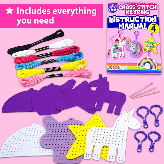 KRAFUN Cross Stitch Kits for Kids Beginners, 4 Unicorn Cross Stitching Keyrings Arts & Crafts, Needlepoint Embroidery Kit for Girls 5-13 Craft Kit Backpack Charms, Ornaments
