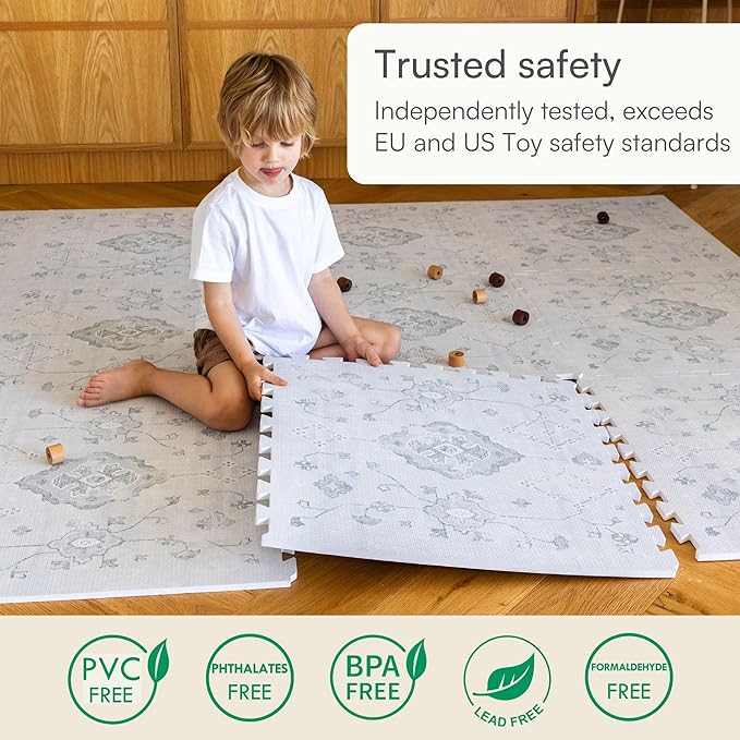 Baby Play Mat for Floor – 6x6ft Vintage Gray | Soft Non Toxic Premium EVA Foam Tiles for Tummy Time, Crawling & Playroom – Waterproof Interlocking Floor Mat for Babies & Toddlers Lillefolk (9 Tiles)