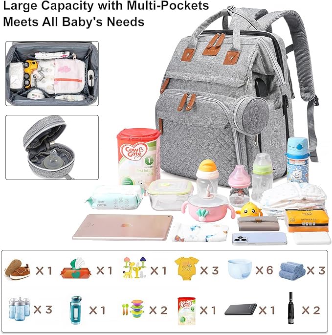 Baby Diaper Bags with Changing Station, Large Capacity Diaper Bag Backpack for Moms Dads with USB Charging Port,Travel Baby Bag with Pacifier Case & Stroller Straps(Up-Grey)