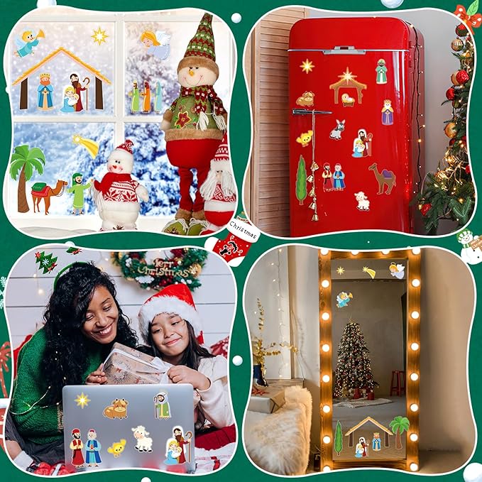 MARFOREVER Nativity Christmas Window Clings Stickers,50 PCS Christmas Religious Gel Stickers Holy Jesus Thick Gel Clings Decals for Gift Toddlers Classroom Xmas Window