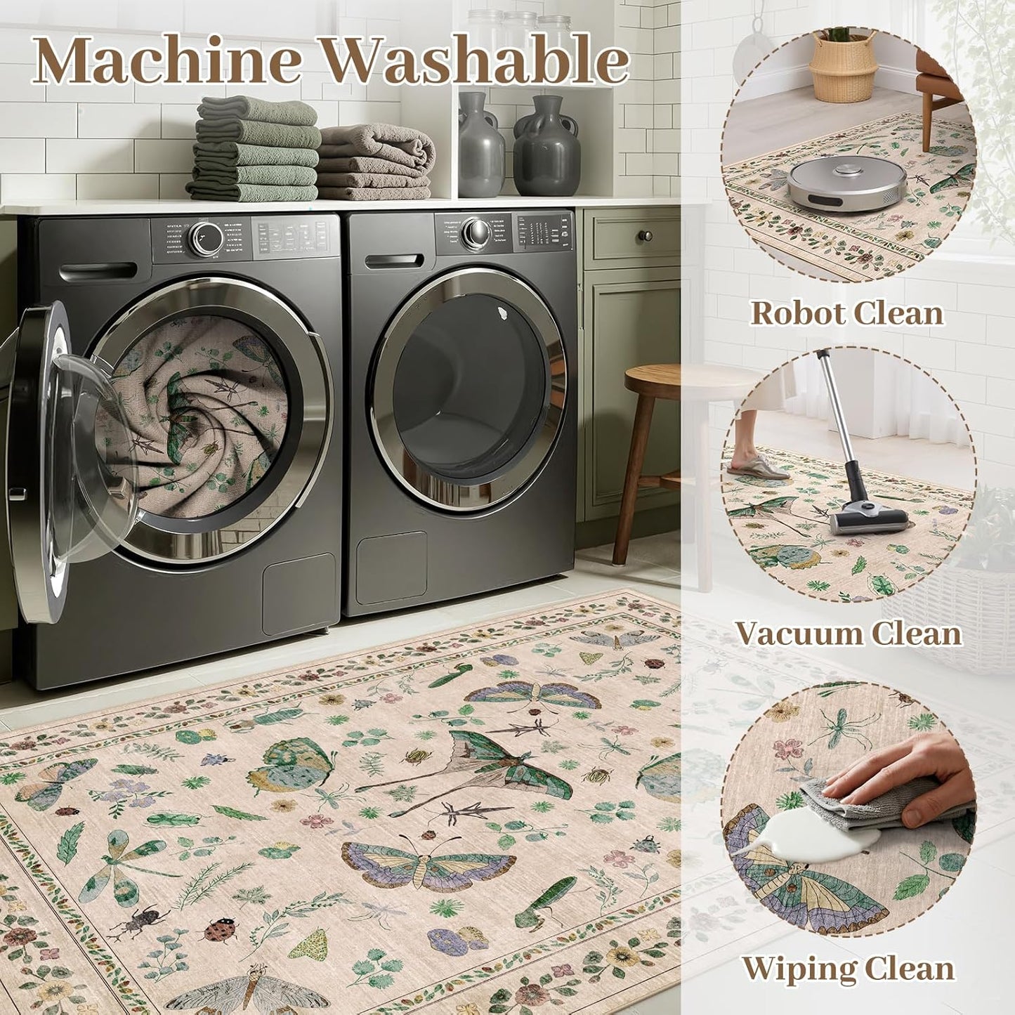 3x5 Washabl Rug with Insect Print - Bug Rug Non-Shedding Stain Resistant Soft Small Carpet for Bedroom, Low Pile Ultra-Thin Machine Washable Carpet for Nursery,Entrance, Office (3'x5' Beige)