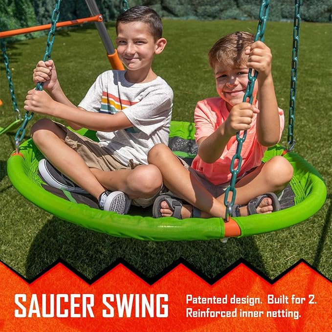 Jungle Warrior Big Cat Metal Swing Set: Adjustable Swings, 5ft Wavy Slide, Mesh Tunnel, Flying Saucer, Monkey Bars - Orange, Green and Grey - Exceeds ASTM Safety Standards