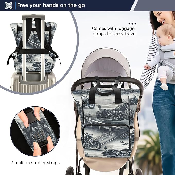 High Way Motorcycles Diaper Bag Backpack, Unisex Travel Baby Backpack Diaper Bags with Stroller Straps & Pacifier Case, Large Capacity Waterproof Diaper Backpack