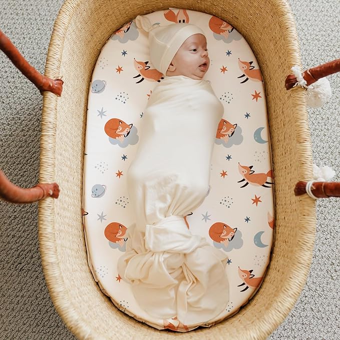 Stretch Fitted Bassinet Sheet Set BROLEX 2 Pack Cradle Sheets for Bassinet Pad/Mattress,Unisex Boys Girls,Ultra Soft,Starry Fox
