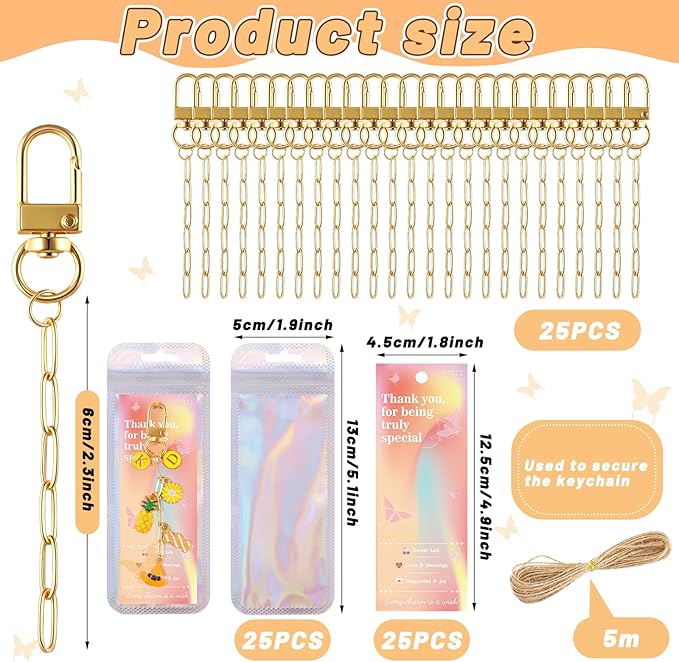 Wurosi 25 Set Paperclip Keychain Making Kit, Bag Charm Kit, 25 Keychain Clips, 25 Extender Chain, 25 Resealable Pouch Bag, 25 Thank You Cards, 5M Hemp Rope, Jewelry Making Kit for DIY Keyrings Charms
