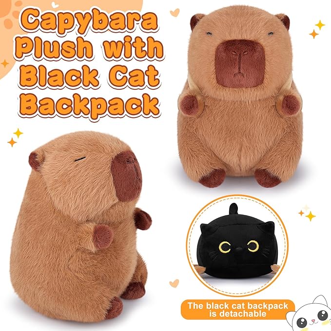 Achwishap Capybara Plush,Capybara Stuffed Animal Cute Plushies,Capybara Plush Toys,Kawaii Plushie Stuffed Toy with Black Cat Backpack Plushies Gifts for Kids Adults(Capybara with Black Cat,9.1”)