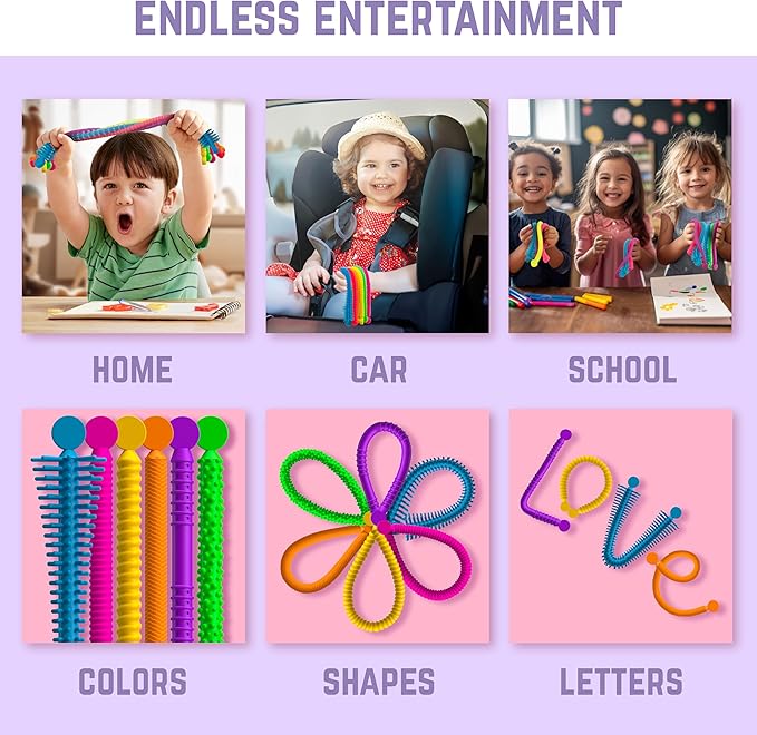 BUNMO Stretchy Strings - Stimulating & Fun Fidget Toys for Kids - Hours of Fun - Non-Mouthable Toy 3+ - Super Sensory 6 Pack