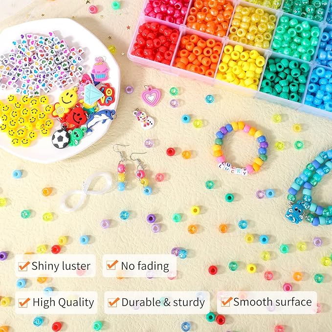3277+pcs Pony Beads Kit 24 Color Rainbow Plastic Pony Bead Heart Beads Elastic String Kandi Bead for Braids Cute Charm DIY Crafts Jewelry Making Kit for Bracelets Necklaces