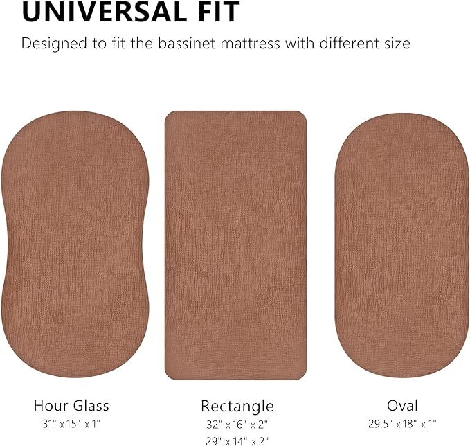 TILLYOU Muslin Bassinet Sheets Girls Boys, 100% Cotton Bassinet Sheets, Fit Oval, Rectangle and Square Mattress, 2 Pack，Caramel&Brown