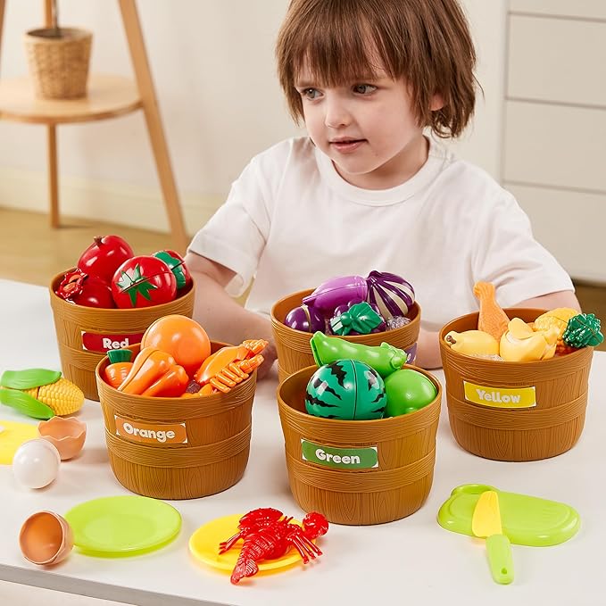 JOYIN Educational Toys Play Food Set for Toddlers, Cutting Food for Preschool Activities, Pretend Play Kitchen Accessories, Learning Toys, Color Sorting Set for Boys & Girls, Gifts for Christmas