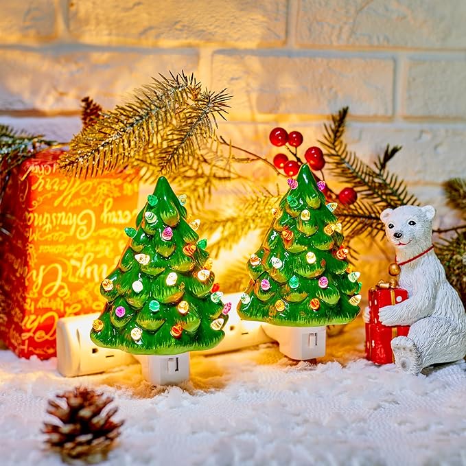 Brightown Ceramic Christmas Tree Night Light - 2 Pack 6" Christmas Decorative Ceramic Tree with ON/Off Switch, Vintage Christmas Night Light for Bedroom Bathroom Porch Holiday Decor
