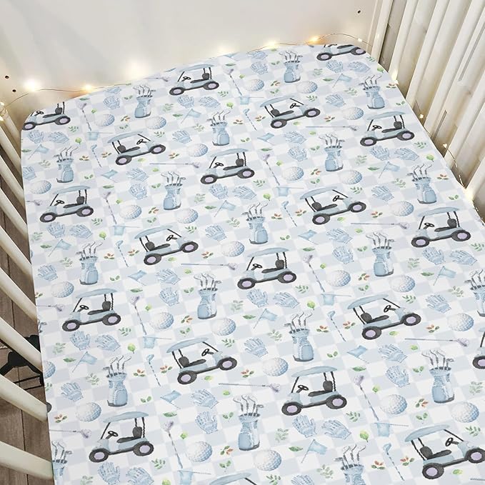 Golf Baby Crib Sheets, 28"x52", Sports, Blue, Polyester, Standard Crib