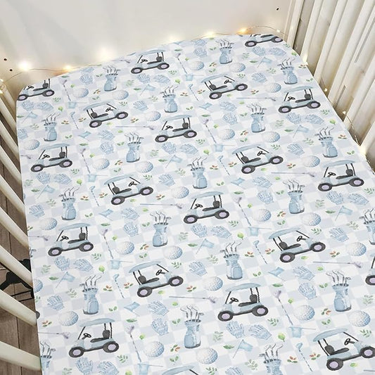 Golf Baby Crib Sheets, 28"x52", Sports, Blue, Polyester, Standard Crib