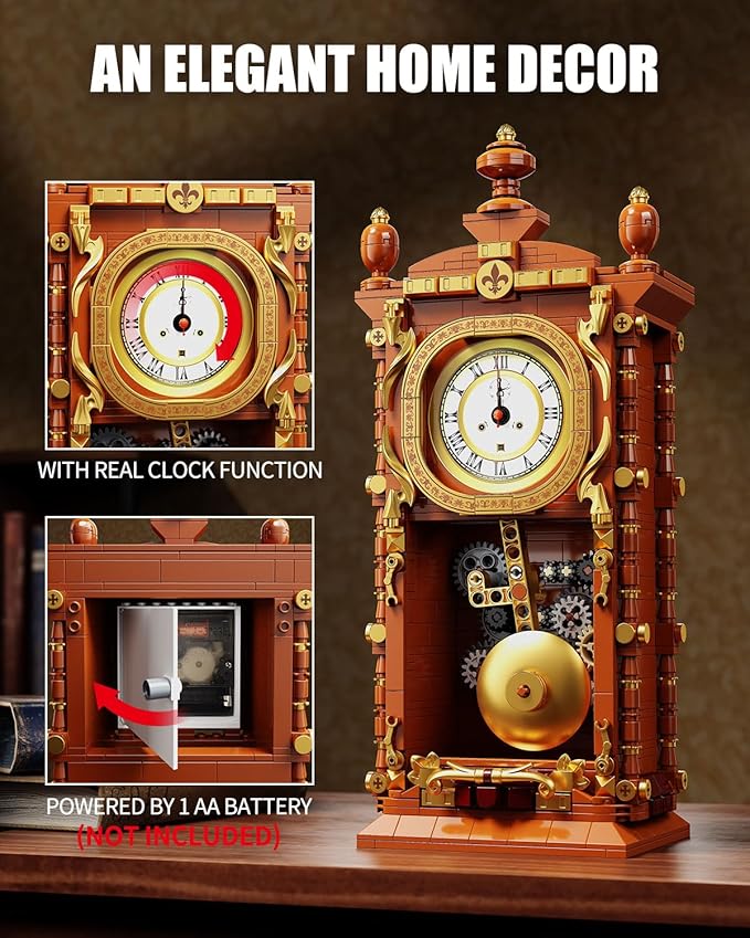 Vintage Pendulum Clock Building Block Set, Stem Toy with Real Clock Function and Linkable Mechanical Pendulum, Unique Home Decoration and Collectible for Adults&Kids 6+