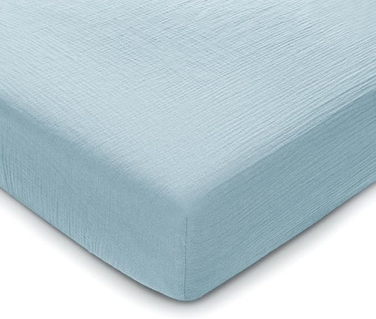 Comfy Cubs 100% Muslin Cotton Fitted Crib Sheet - Soft, Standard & Breathable Crib Sheets for Toddler Mattress - Snug Fit, Secure Elastic with Beautiful Packaging for Boys & Girls - Sky Blue