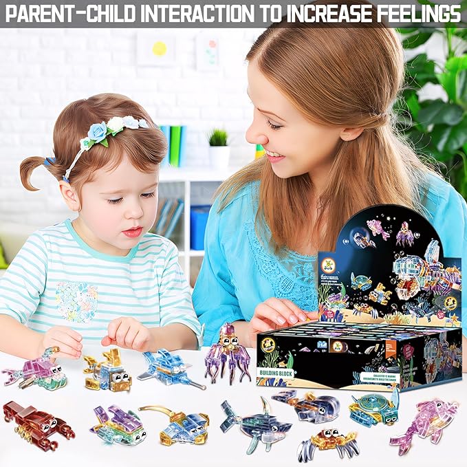 12 Piece Set of Marine Animal Building Blocks, Suitable for Goodie Bags, Stocking Stuffer, Classroom prizes, Birthday Gifts, Boys' and Girls' Toys 12 in one Building Block Set