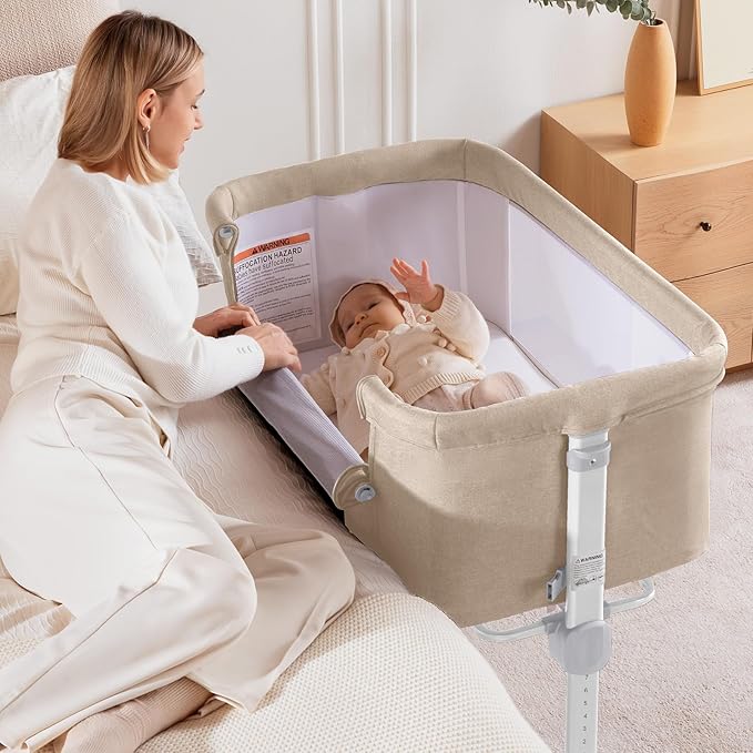 Larex Baby Bassinet, 3 in 1 Bassinets Bedside Sleeper for Newborn, Portable Crib Adjustable 7 Height Bedside Bassinet with Mattress and Wheels Khaki
