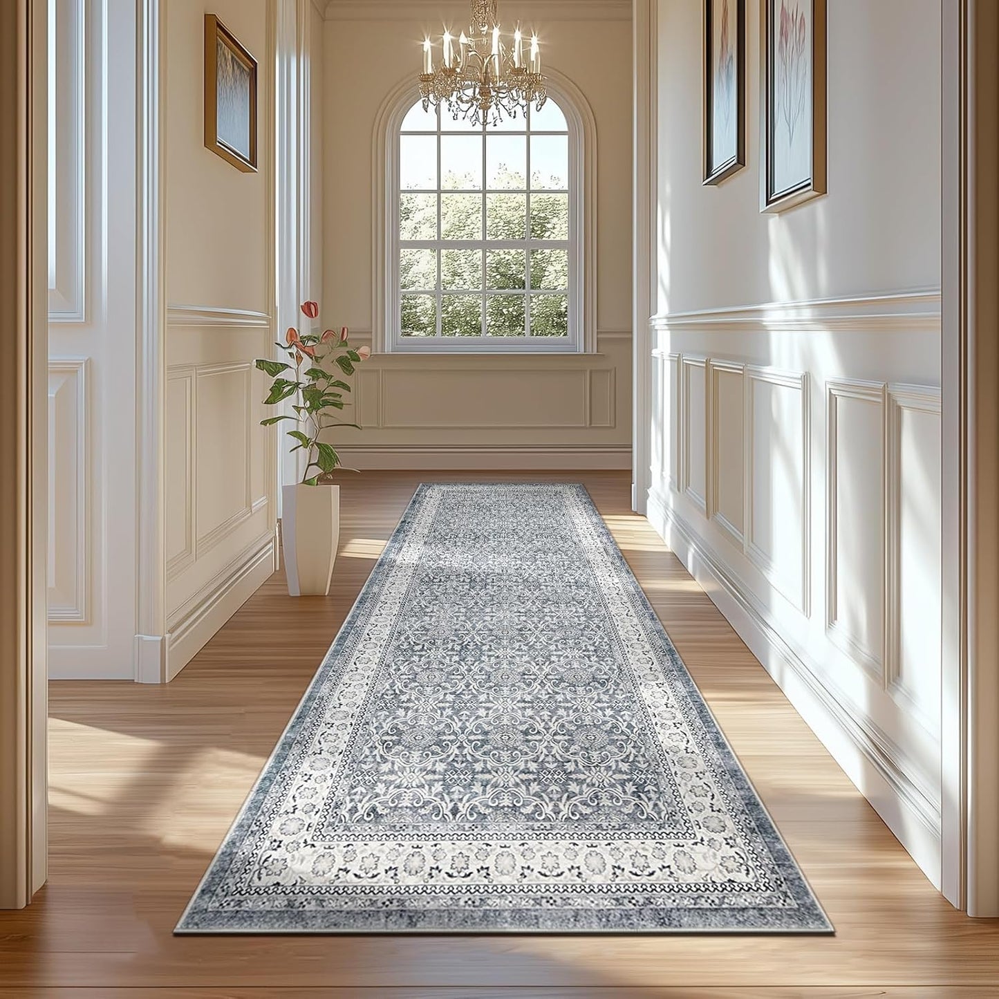 jinchan Hallway Runner Rug 2x8 - Machine Washable Grey Vintage Floral Distressed Design Soft Non-Slip Low-Pile Ultra-Thin Runner Rug for Kitchen Laundry Room Bedroom Farmhouse (2‘x8',Grey)