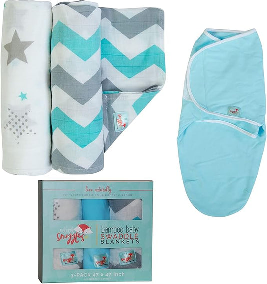 Newborn Bamboo Rayon Swaddle Wraps | Baby Receiving Blankets 3 pk: Wrap & 2 Muslin Square Blankets - Light Blue & Grey Chevron Stripes & Stars