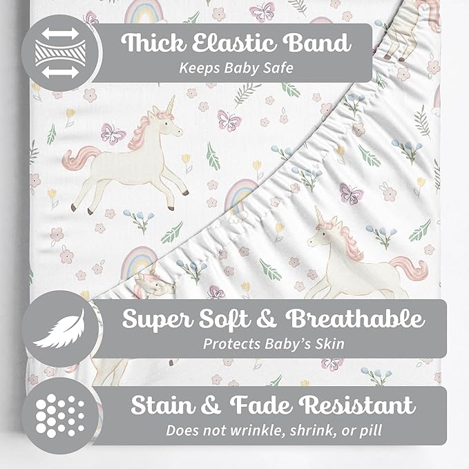 Baby Bassinet Sheets for Boy, Girl (Unicorn Blossom) 2-Pack - Fitted Bedside Bassinet Sheets - Buttery Soft Cotton Blend for Standard Mattress Pad - Compatible with Halo BassiNest