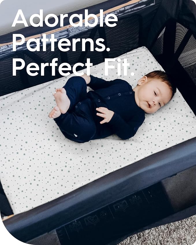 Pack and Play Sheets Fitted, TotBasic Buttery Soft Portable Crib Sheets, Compatible with Graco Pack n Play Playard Crib & Other 27 x 39 Inch Playpen Mattress, 2 Pack Playard Sheets(Grey Stars & Moon)