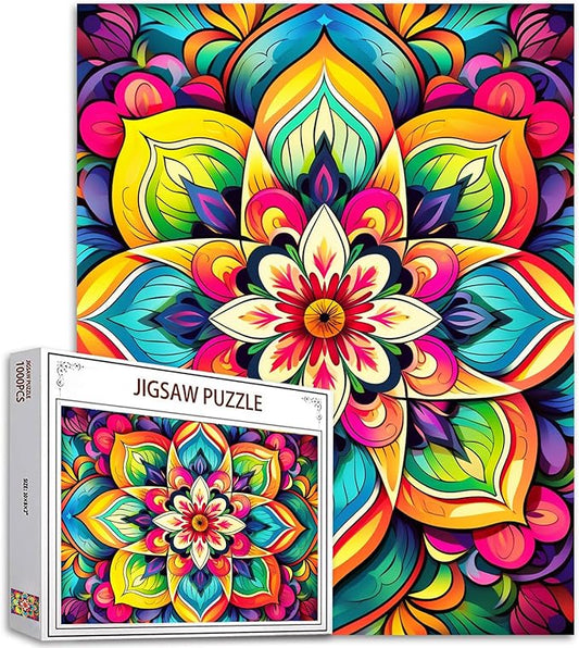 1000 Piece Mandala Flower Jigsaw Puzzles for Adults Floral Color Pattern Jigsaw Puzzle Challenging Family Activity Game Floral Art Wall Decor DIY Puzzle 20 x 27 Inches