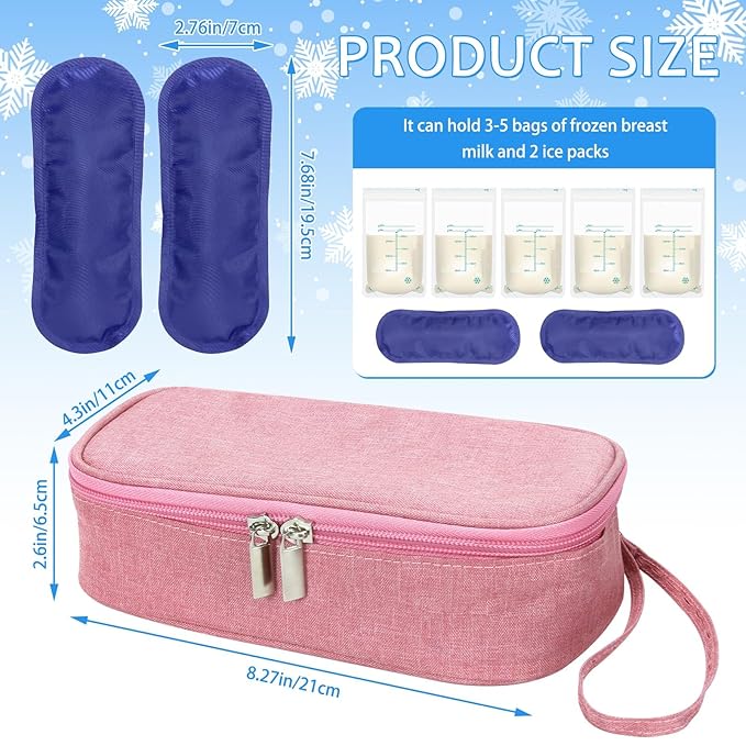 Breastmilk Cooler Bag with Ice Pack, Portable Insulated Breast Milk Storage Cooler Bag, Small Stylish Breastmilk Storage Bag Cooler with Wrist Strap (Pink)