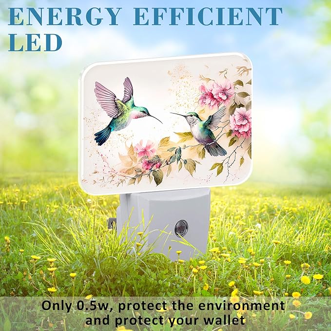 Watercolor Hummingbird Night Light, Pink Flowers Leaves Nightlight Plug into Wall with Dusk to Dawn Sensor for Kid Girls Boys Women Men Bedroom, Hallway, Kitchen, Bathroom, Stairs Decor