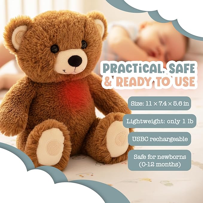 Gemma Joy Baby Sleep Soother Brown Bear for Baby – Cry Activated Heartbeat Stuffed Animal – Rechargeable Crib Soother with White Noise, Shush, Lullabies & Night Light – Newborn Essentials Must Haves