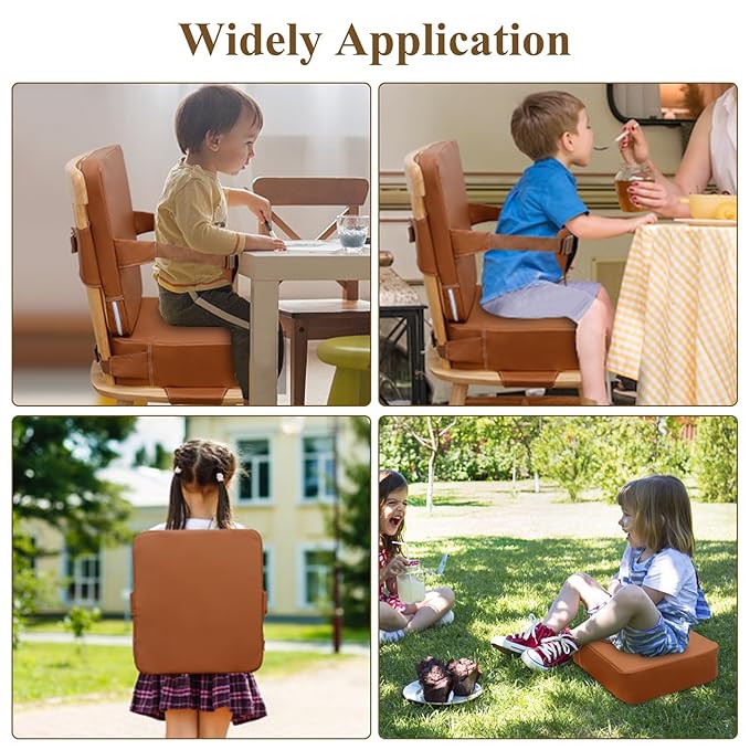 Toddler Booster Seat for Dining Table, Non-Slip Kitchen Chair Booster Seat with Backrest and Adjustable Straps, Portable PU Waterproof Travel Baby Booster Increasing Cushion