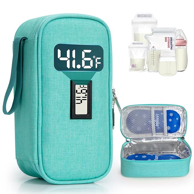 Breast Milk Cooler Travel Bag, Real-Time Temperature Display, Holds 4-6 Breastmilk Storage Bag with 2 Breast Milk Ice Pack, Cooling & Waterproof Portable Cooler for Moms on The Go(Light Green)