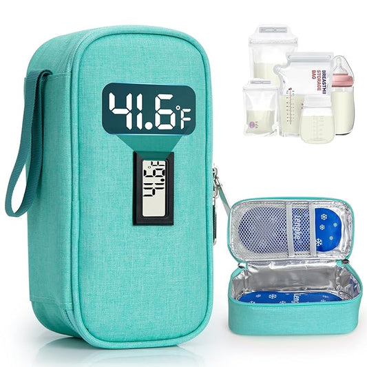 Breast Milk Cooler Travel Bag, Real-Time Temperature Display, Holds 4-6 Breastmilk Storage Bag with 2 Breast Milk Ice Pack, Cooling & Waterproof Portable Cooler for Moms on The Go(Light Green)