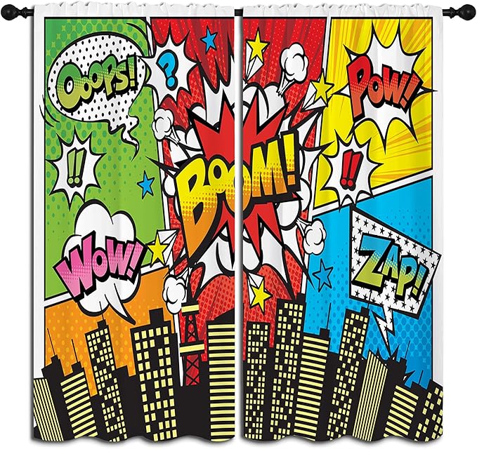 Superhero City Wars Explosion Rod Pocket Blackout Curtains for Boy Girl Bedroom, Colorful Comics Ar Thermal Insulated Home Window Drapes for Living Room Darkening, 84x72 inch