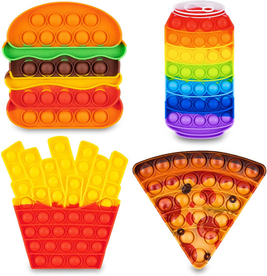 Pop Its Fidget Toys Pack 4 - Stress Relief Food Pop Its Poppers Fidget Poppet Toy - Autism Learning French Fry Pizza Hamburger Popits Push Pop Bubble Popping Sensory Toy for Kids
