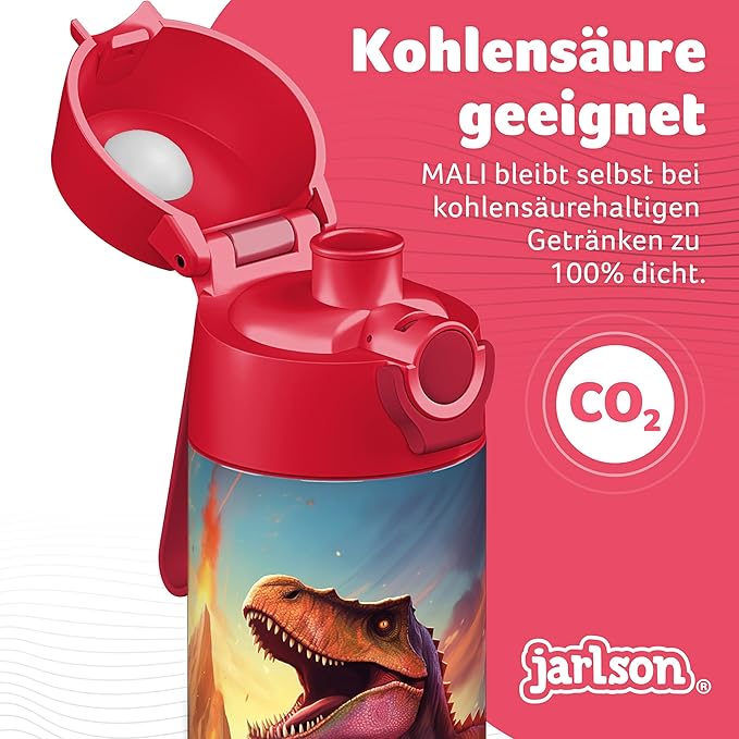 Jarlson® Mali Children's Water Bottle, Thermal Stainless Steel Water Bottle, BPA-Free, Leak-Proof, Children's Bottle with Chug Lid, Bottle for School, Nursery (Dinosaur Red, 12 oz)