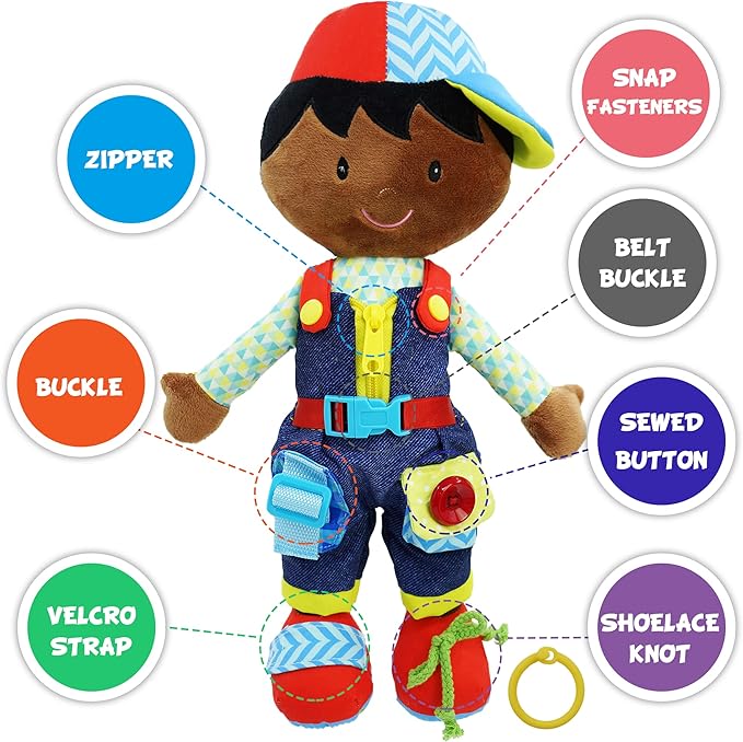 June Garden 15.5" Dressy Friends Isaiah - Educational Stuffed Plush Doll for Kids and Toddlers 2 Years and Up - Montessori Buckle Soft Toy