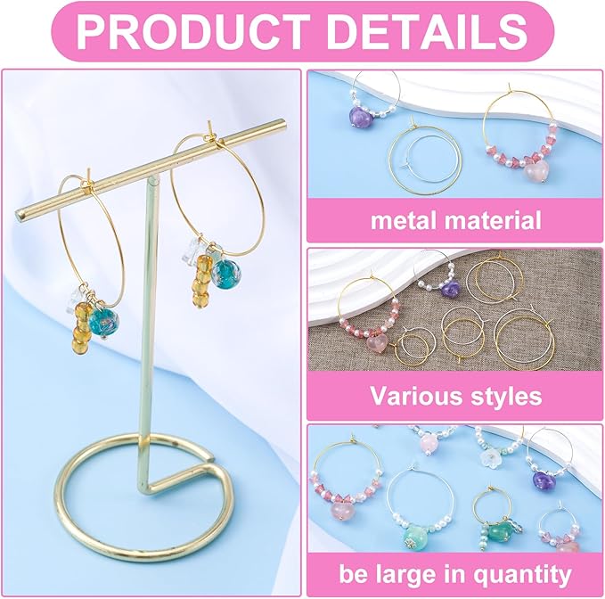 Pndeyo 120pcs Hypoallergenic Earring Beading Hoops, Mix Sizes Round Hoop Earrings Findings, Open Earring Wire Ring Accessories for Jewelry Making- Gold & Silver