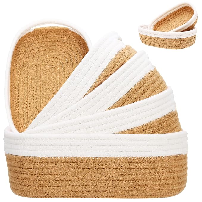 7 Piece Cotton Rope Woven Basket Set - Small Basket for Baby Nursery, Pets, Montessori, Dog & Cat Toy Boxes, Bathroom Organization Bins (White/Jute)